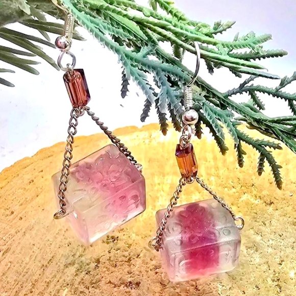 Nature Fluorite  Fret Symbols Block 925 Dangle Earring - Picture 9 of 10